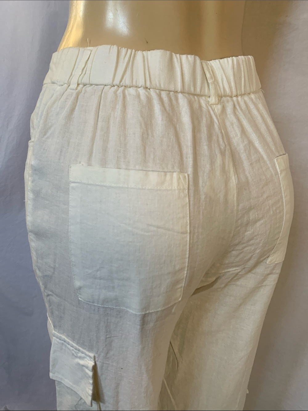 FINAL PRICE H/G Cream Cargo Linen Blend Size M Wide Leg Patch Pocket Elastic NWT
